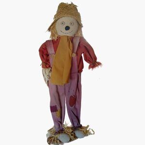 Scarecrow Figure Straw Hat Patchwork Outfit Shabby Distressed Rustic 33 in Tall